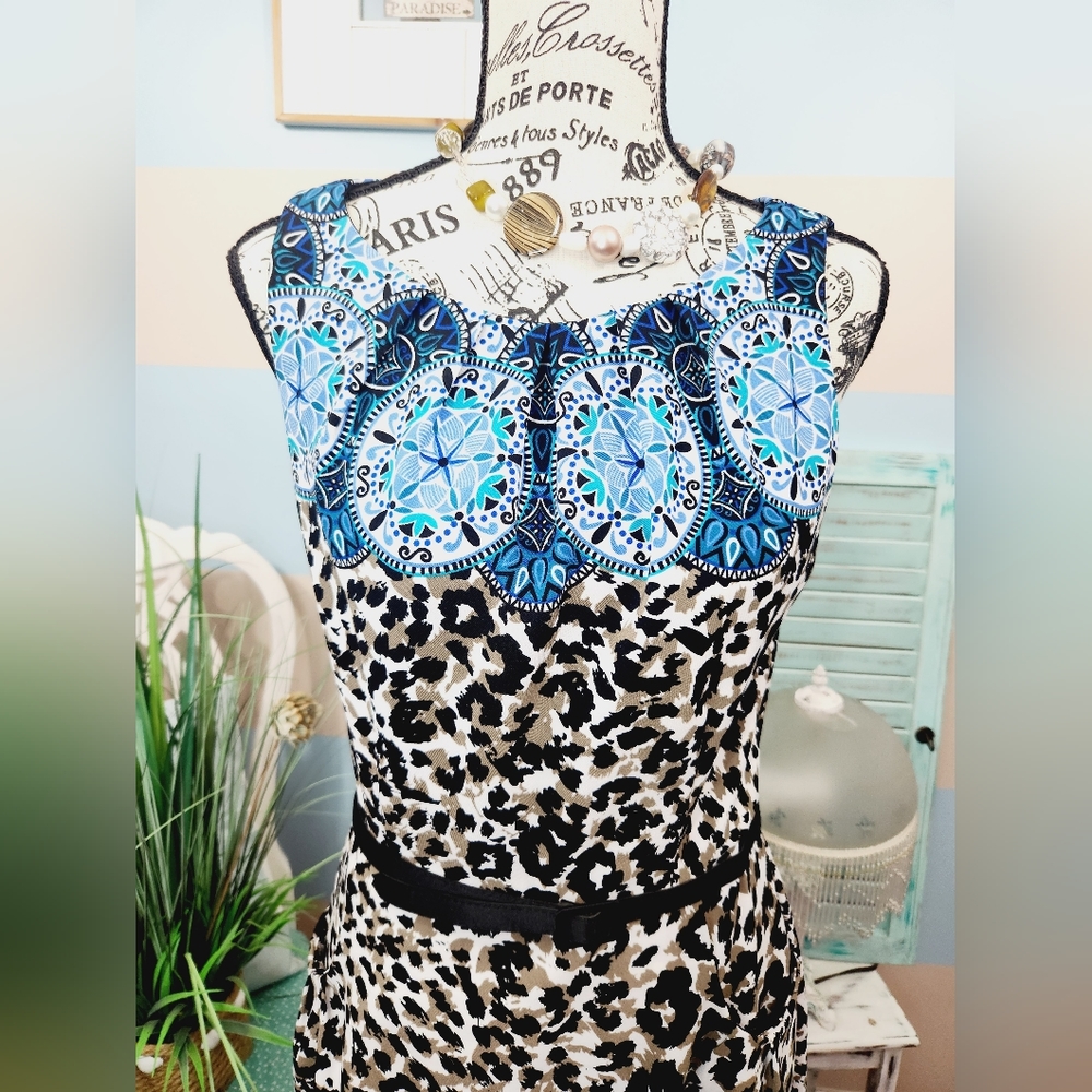 London Times Blue Animal Print Sheath Dress - Picture 4 of 9